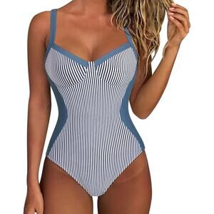Striped Blue Tummy Control One Piece Swimsuit Crisscross Back Push Up Size M
